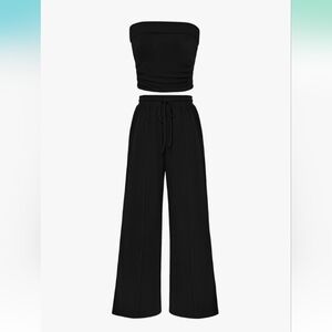 Elegant‎ 2 Piece Set. Casual Ribbed Knit Crop Tube Top Wide Leg Pants Blk XS